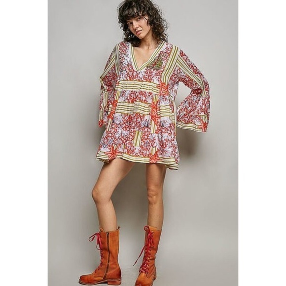 POL Striped Floral Long Sleeve Mini Dress